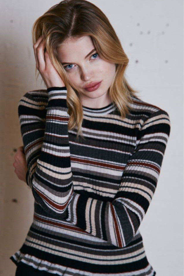 Autumn Cashmere - Striped Rib Crew W/ Ruffle Edge - Neutral