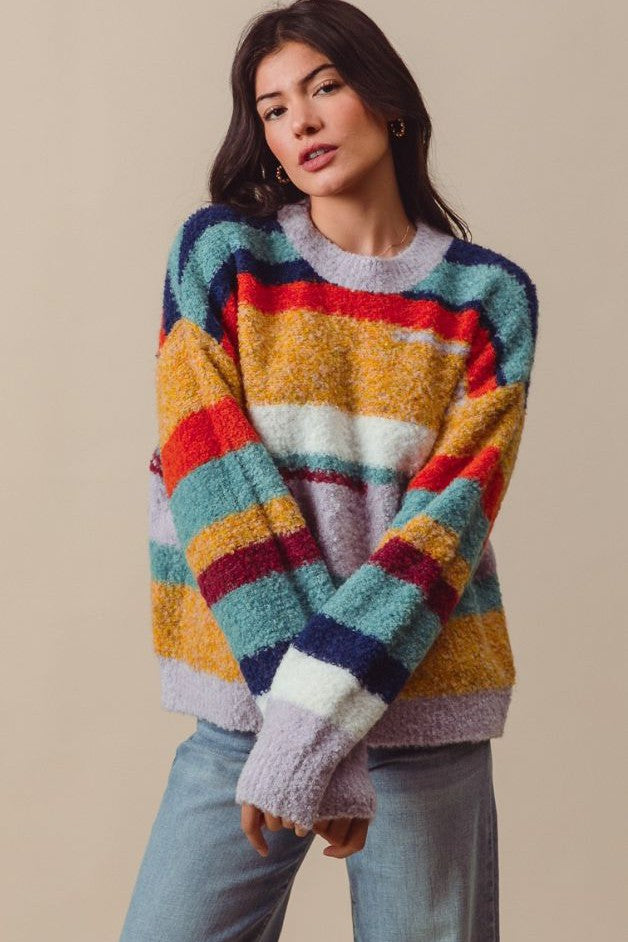 Olive and Bette's - Multi Color Fuzzy Knit Crew Sweater - Dusty Lavender