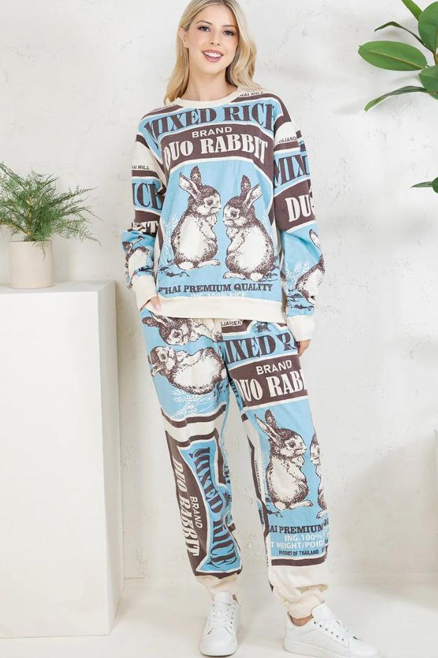 Olive and Bette's - Rabbit Hand Block Printed Sweatsuit