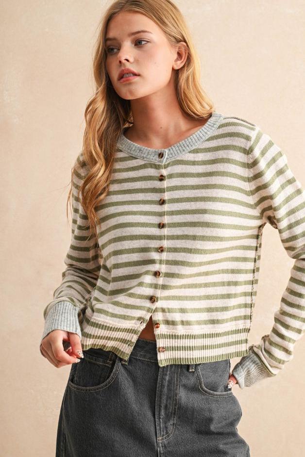 Road G - Striped Cardigan - Olive/Oat/Grey