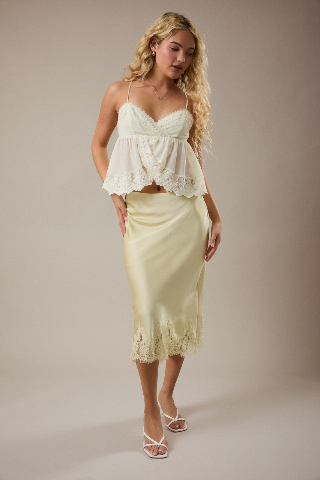 Olive and Bette's - Lace Trim Midi Skirt - Light Yellow