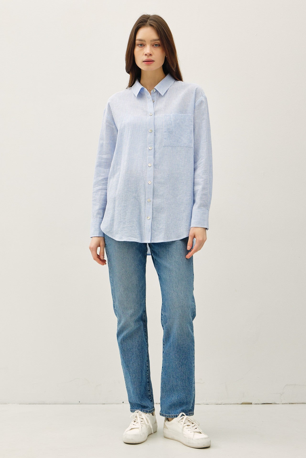 Road G - Long Sleeve Striped Linen Shirt - Blue