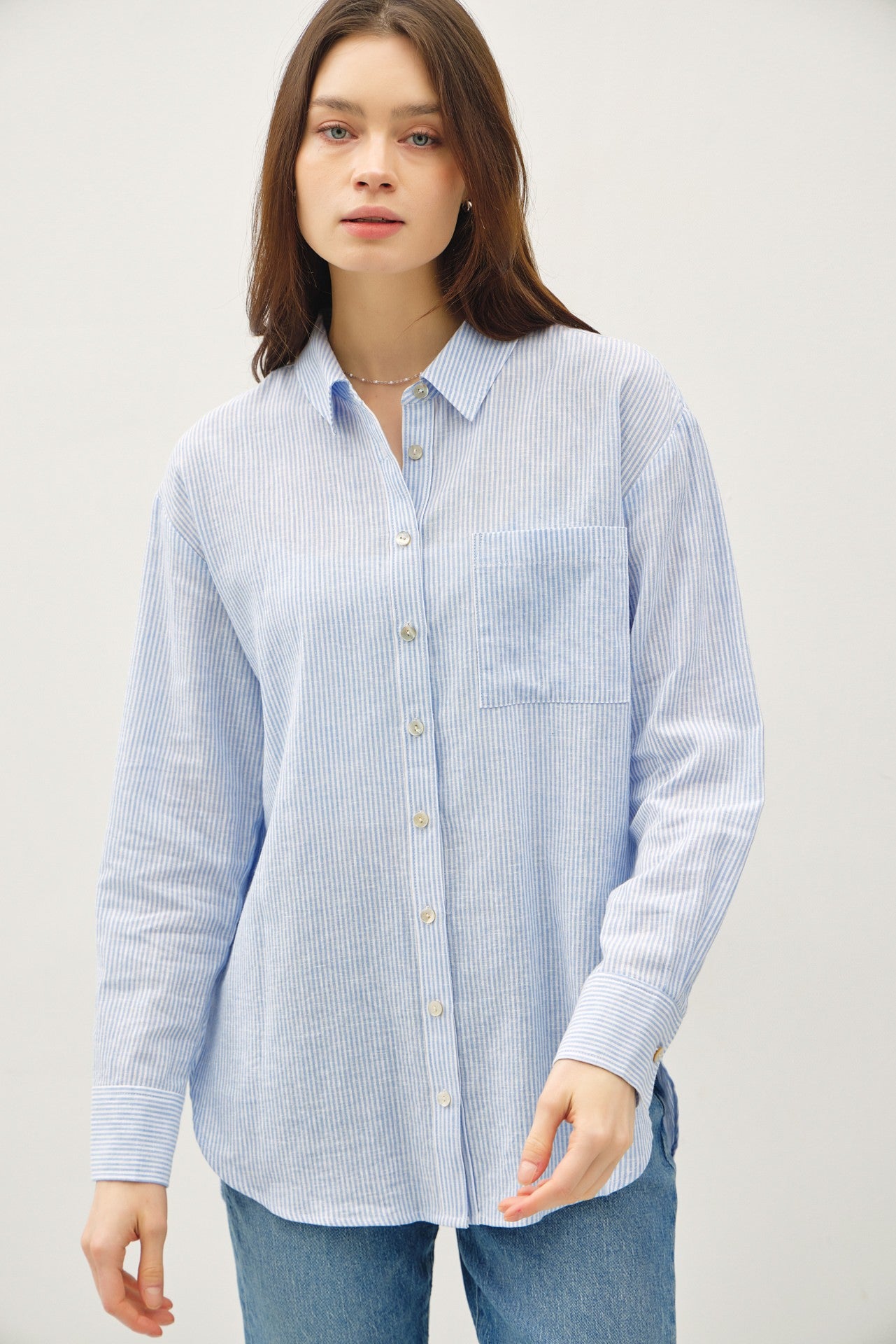 Road G - Long Sleeve Striped Linen Shirt - Blue