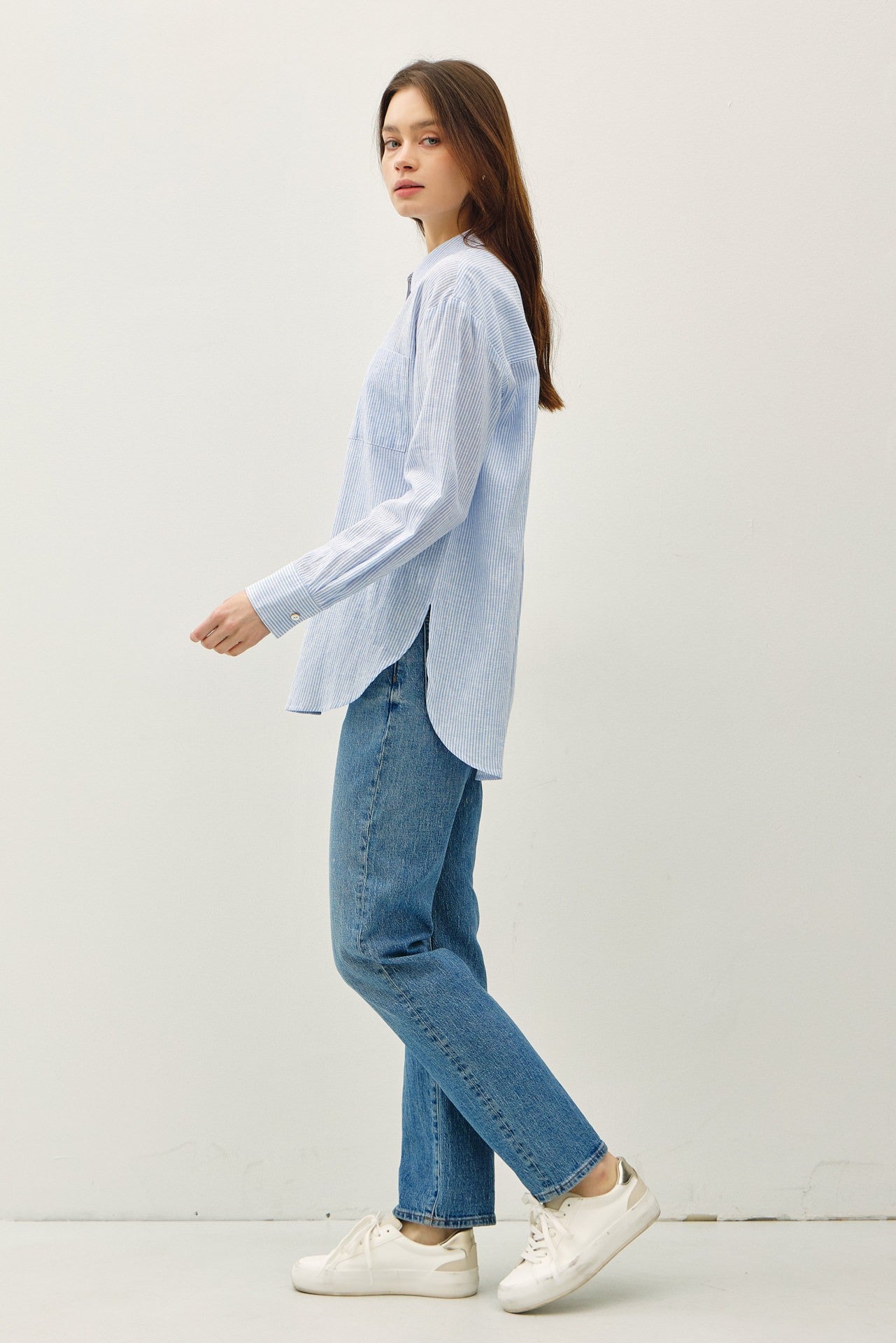 Road G - Long Sleeve Striped Linen Shirt - Blue