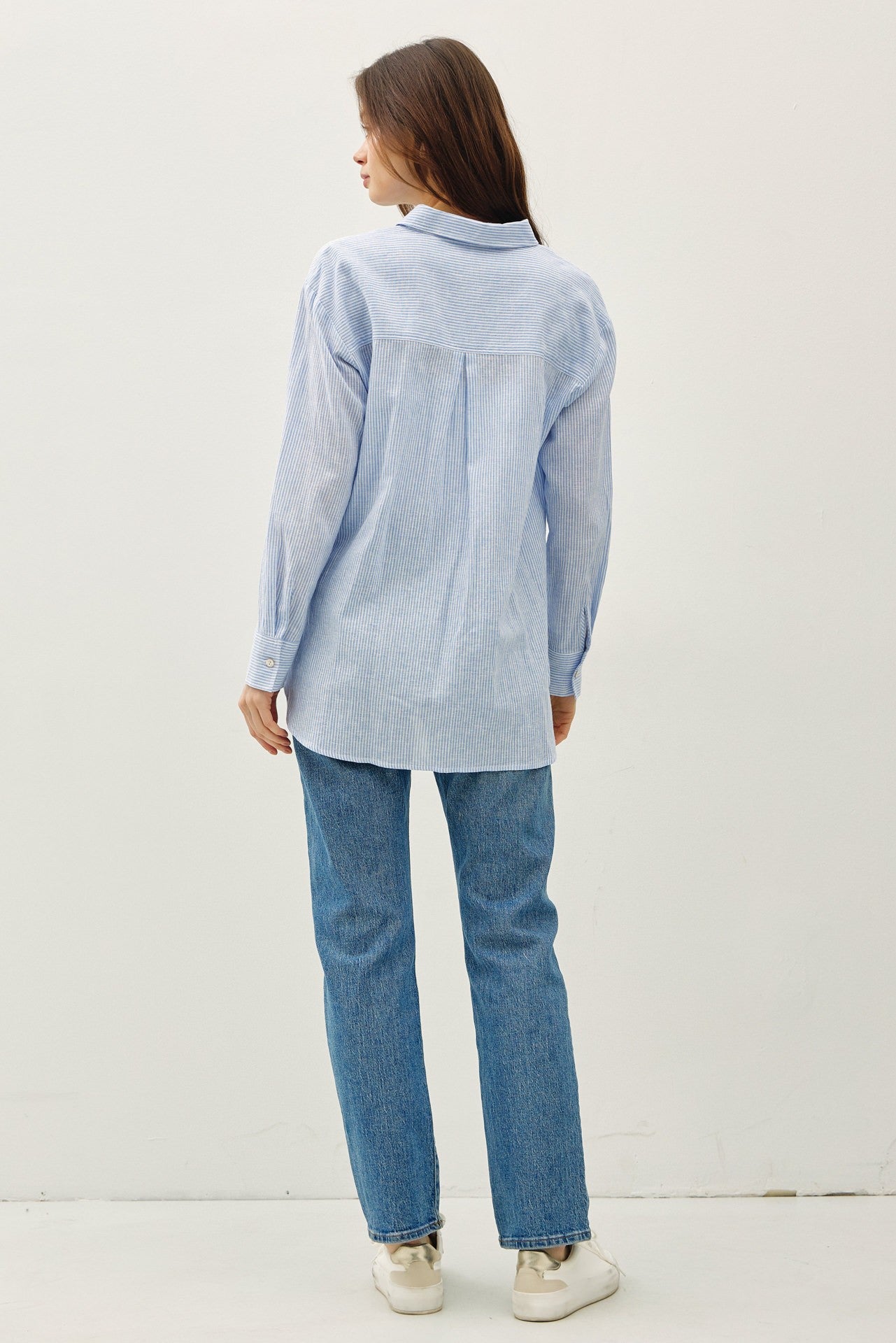 Road G - Long Sleeve Striped Linen Shirt - Blue