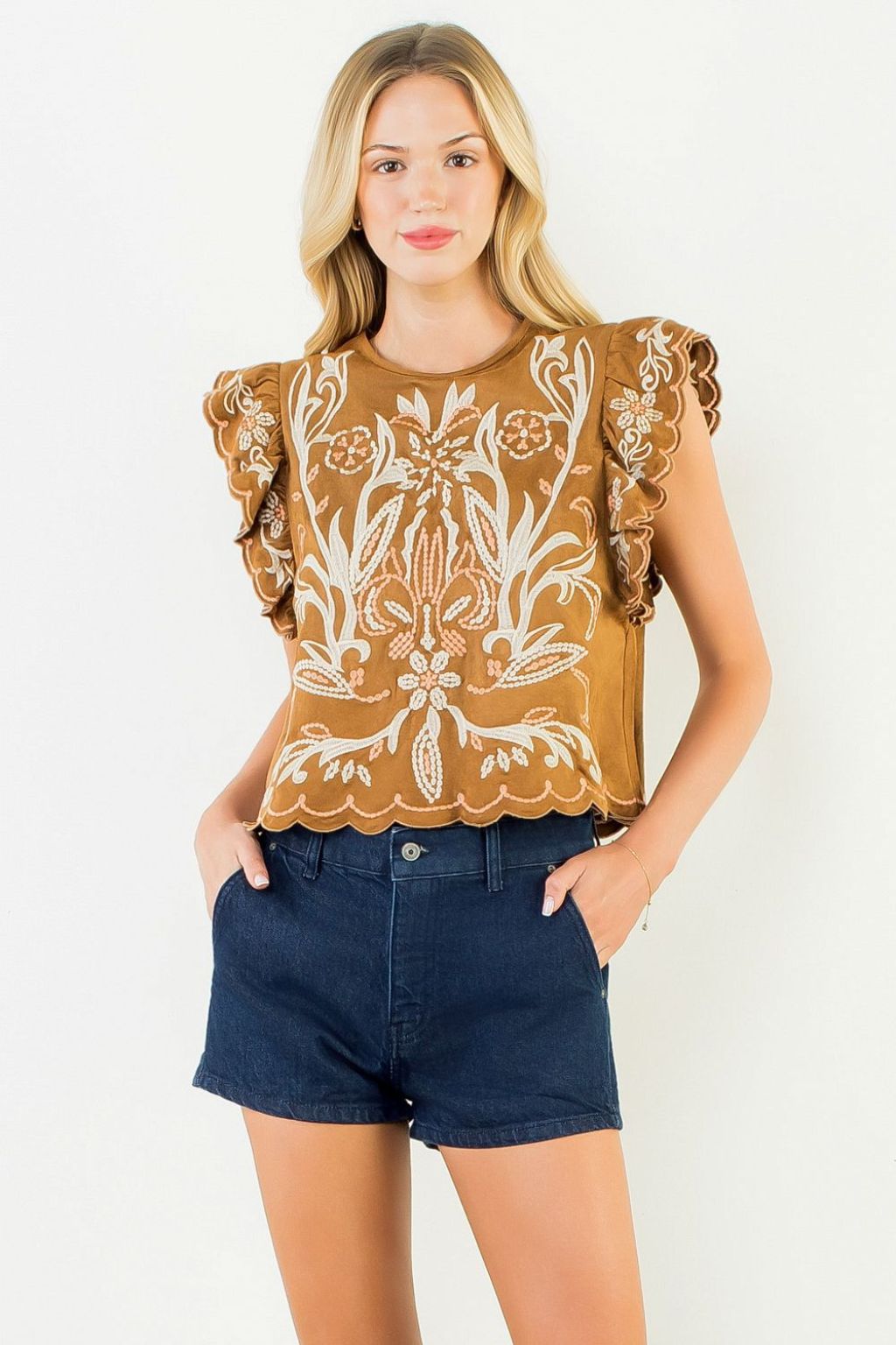 Olive and Bette's - Flutter Sleeve Sueded Embroidery Top