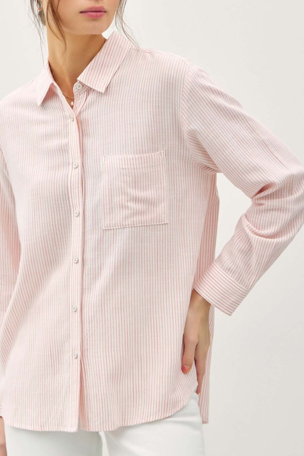 Road G - Pinstripe Button Front Shirt - Light Coral