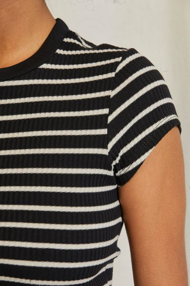 Perfect White Tee - Julia Rib Baby Tee - Black/Nat Stripe