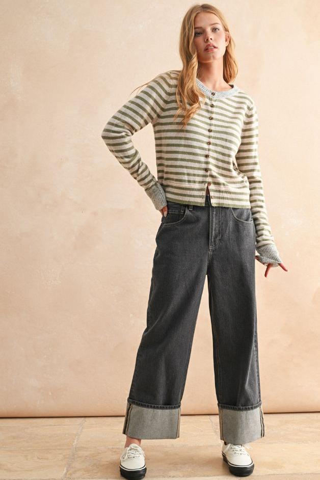 Road G - Striped Cardigan - Olive/Oat/Grey