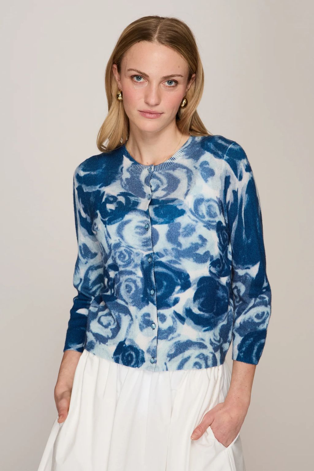 Autumn Cashmere - Watercolor Rose Baby Cardigan - Navy Combo