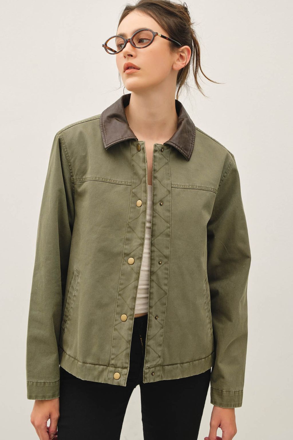 Road G - Chore Jacket With Leather Accent - Olive