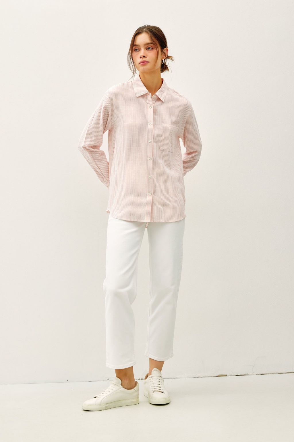 Road G - Pinstripe Button Front Shirt - Light Coral