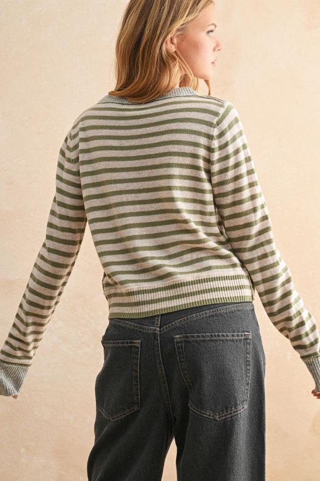 Road G - Striped Cardigan - Olive/Oat/Grey