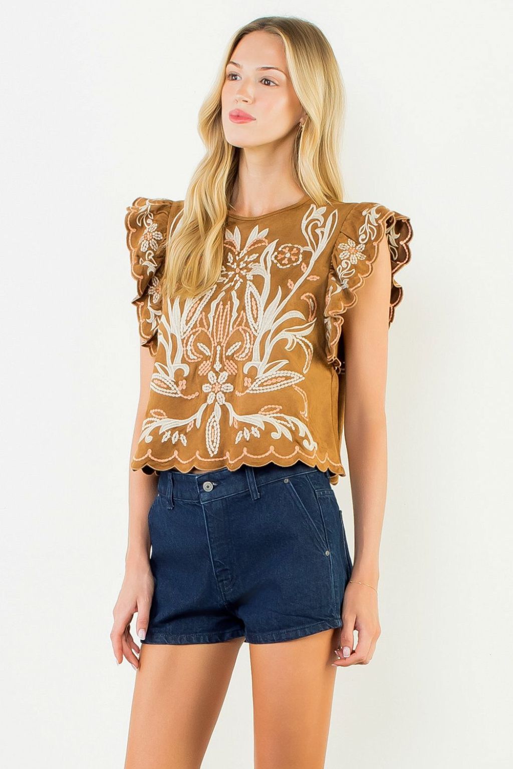 Olive and Bette's - Flutter Sleeve Sueded Embroidery Top