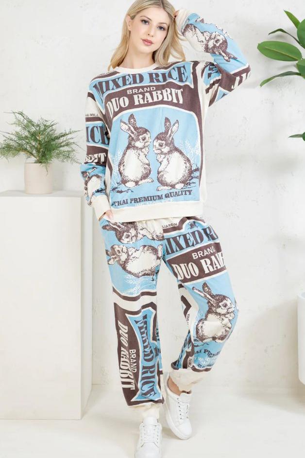 Olive and Bette's - Rabbit Hand Block Printed Sweatsuit