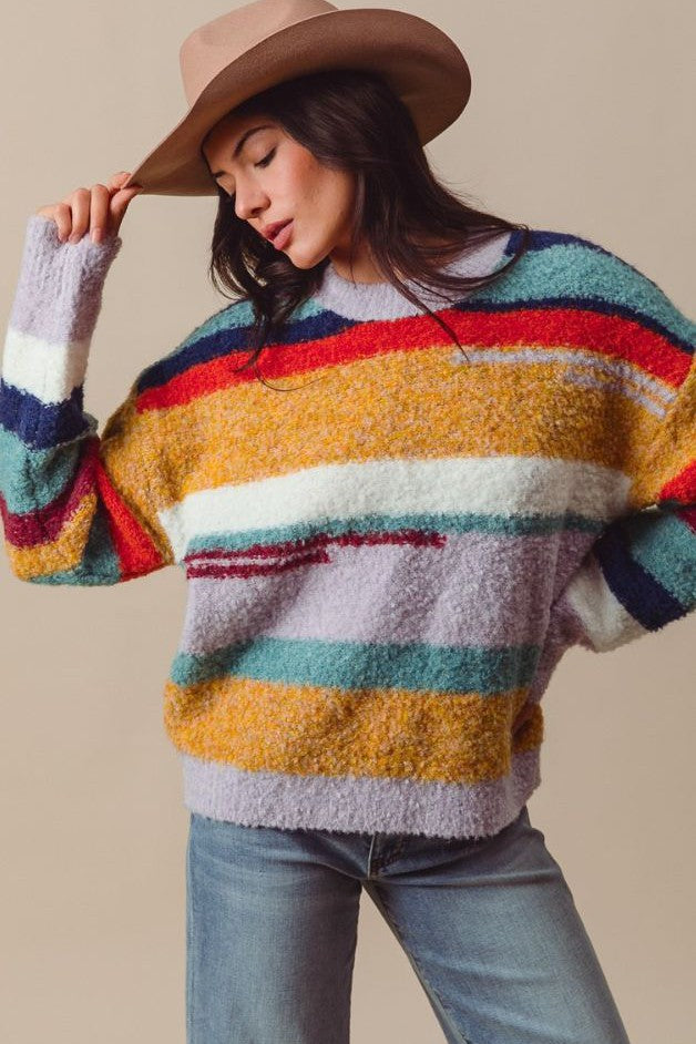 Olive and Bette's - Multi Color Fuzzy Knit Crew Sweater - Dusty Lavender