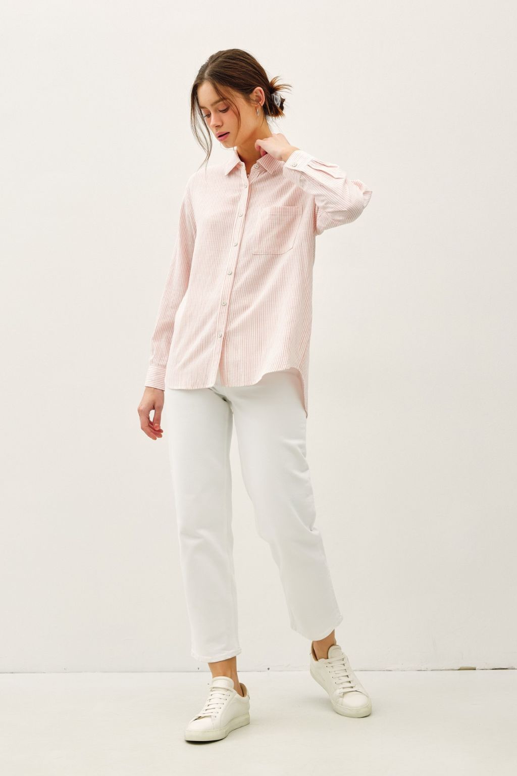 Road G - Pinstripe Button Front Shirt - Light Coral