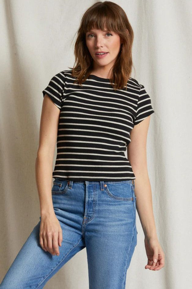 Perfect White Tee - Julia Rib Baby Tee - Black/Nat Stripe