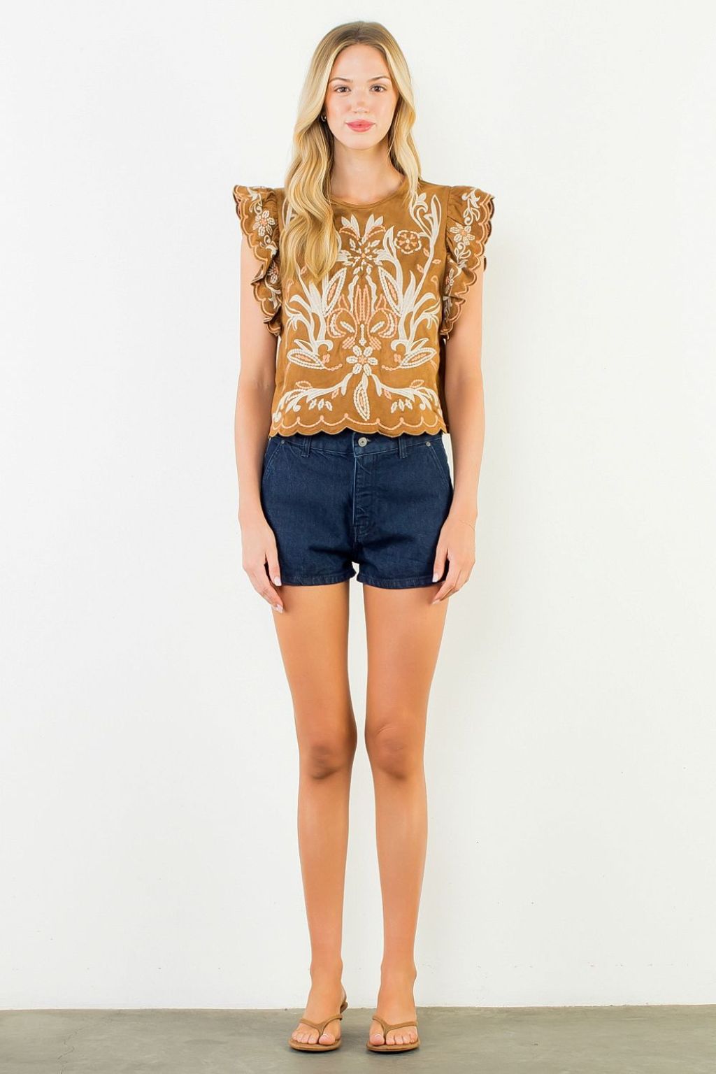 Olive and Bette's - Flutter Sleeve Sueded Embroidery Top