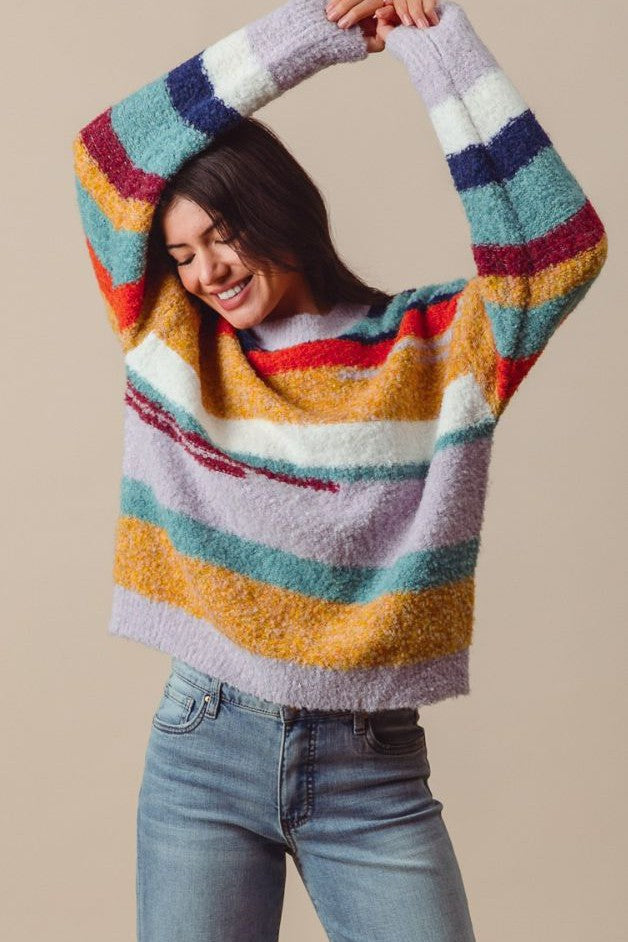 Olive and Bette's - Multi Color Fuzzy Knit Crew Sweater - Dusty Lavender