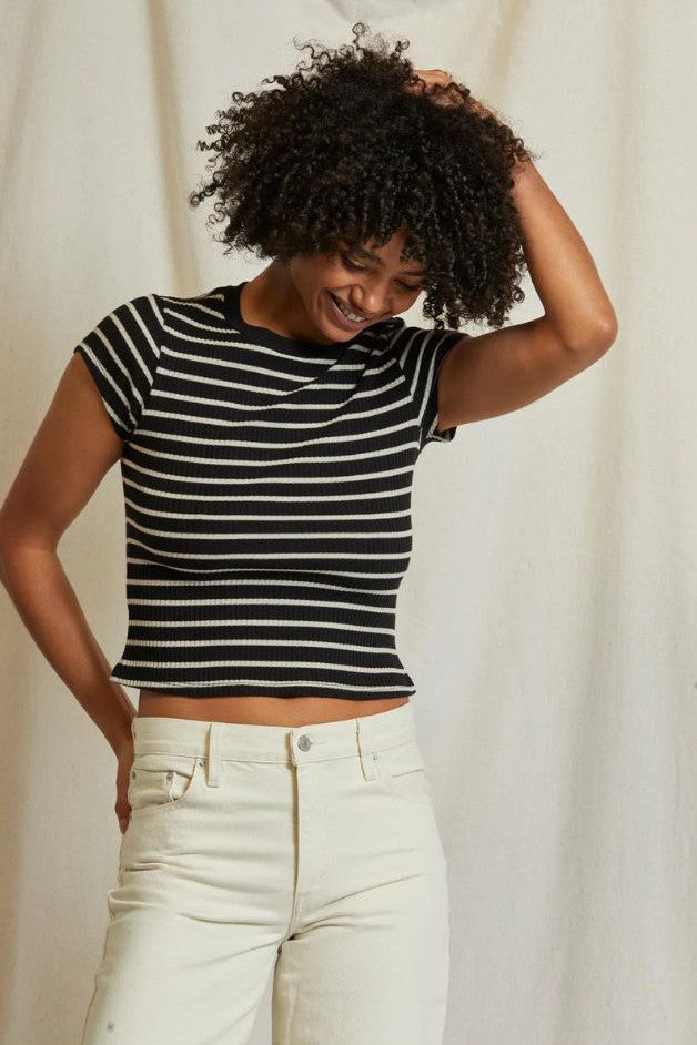 Perfect White Tee - Julia Rib Baby Tee - Black/Nat Stripe