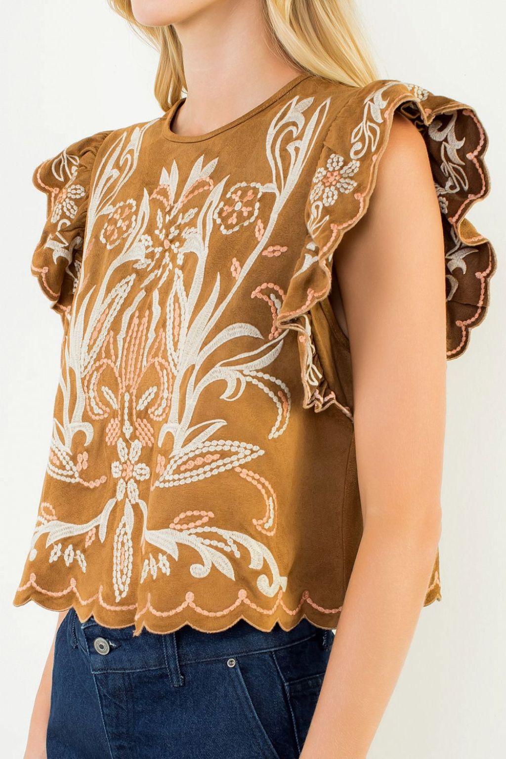 Olive and Bette's - Flutter Sleeve Sueded Embroidery Top