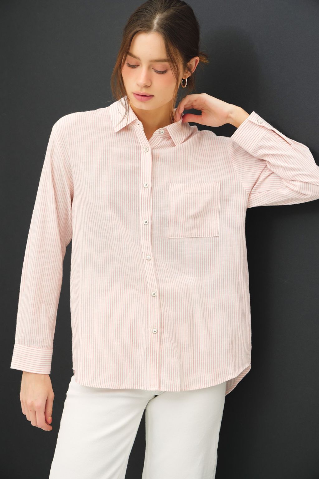Road G - Pinstripe Button Front Shirt - Light Coral