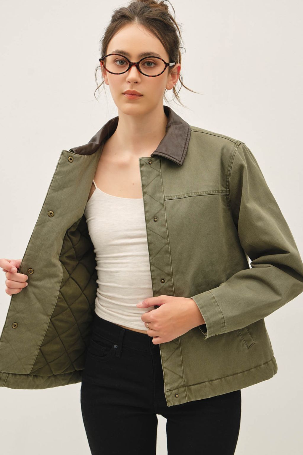 Road G - Chore Jacket With Leather Accent - Olive