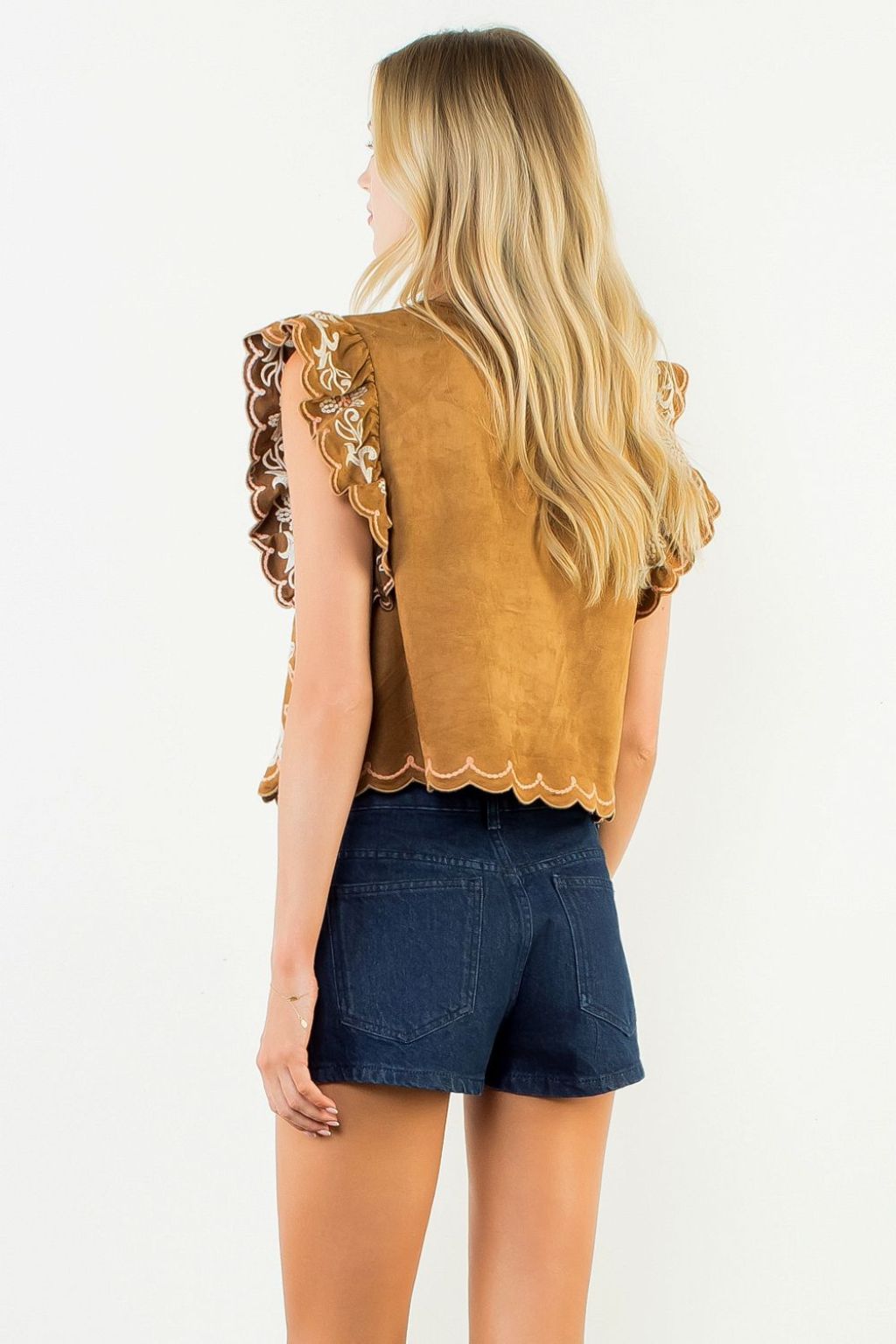 Olive and Bette's - Flutter Sleeve Sueded Embroidery Top