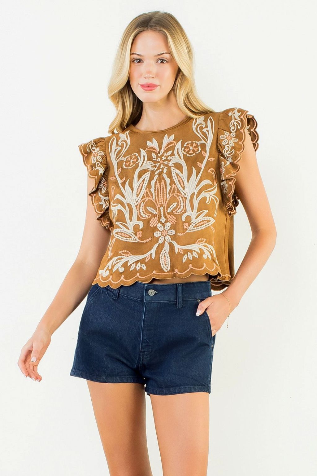 Olive and Bette's - Flutter Sleeve Sueded Embroidery Top