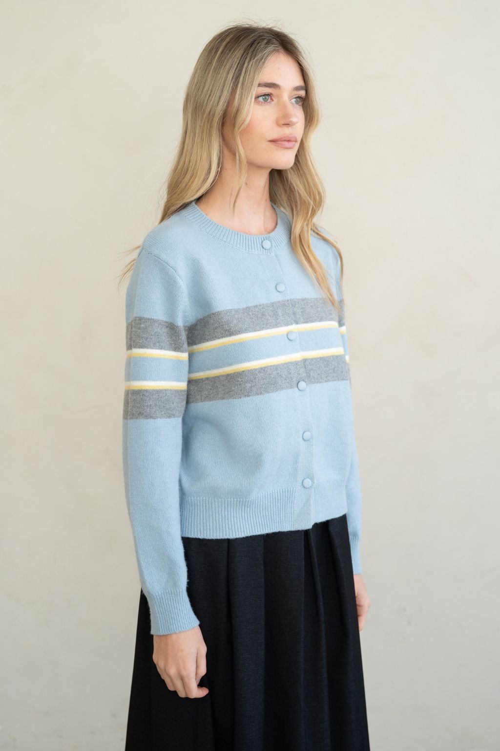 Road G - Rugby Stripe Crew Neck Cardigan - Blue Combo