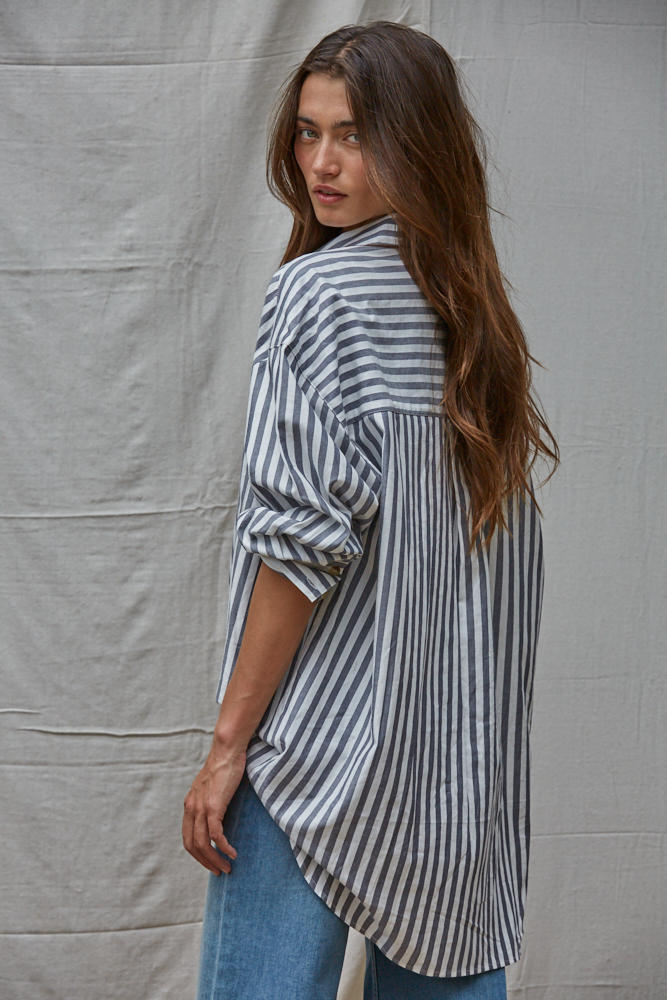 Road G - Laguna Striped Oversized Shirt - Ivory/Navy