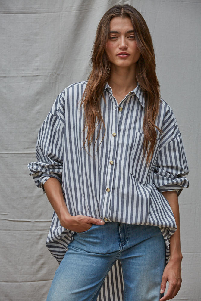 Road G - Laguna Striped Oversized Shirt - Ivory/Navy