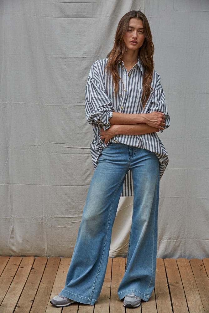 Road G - Laguna Striped Oversized Shirt - Ivory/Navy