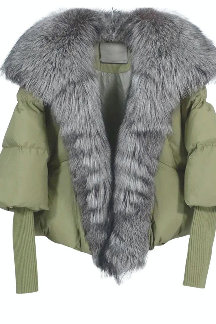 Daniella Erin - Fox Fur Puffer With Sweater Sleeve - Army/Silver Fox