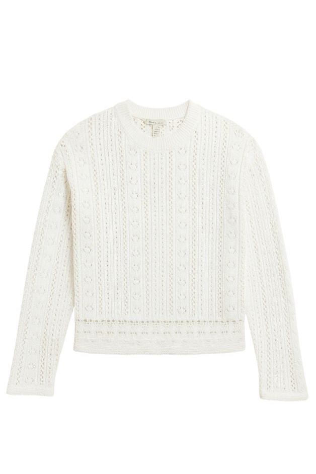 Cropped Bell Sleeve Pointelle Crew - Bleach White