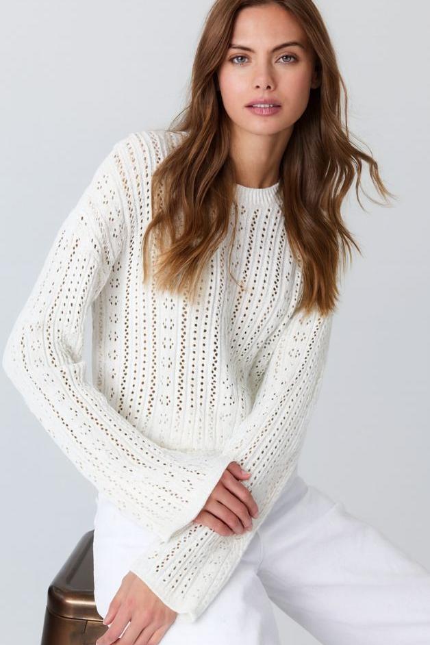 Cropped Bell Sleeve Pointelle Crew - Bleach White