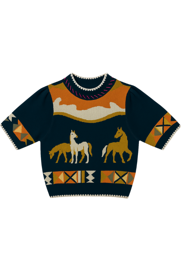 Olive and Bette's - Prairie Horses Puff Sleeve Sweater