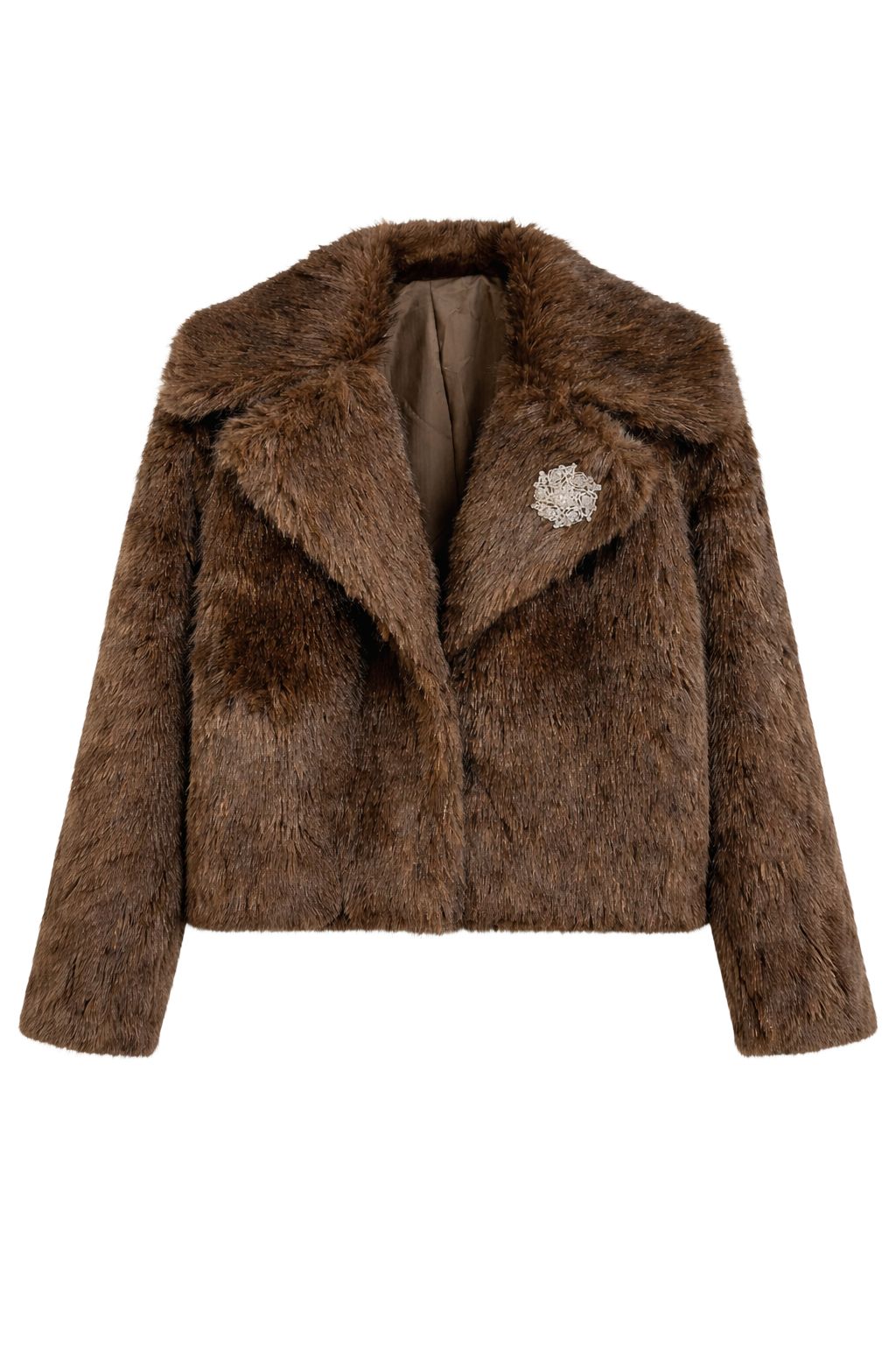 Olive and Bette's - Brooch Faux Fur Coat - Brown