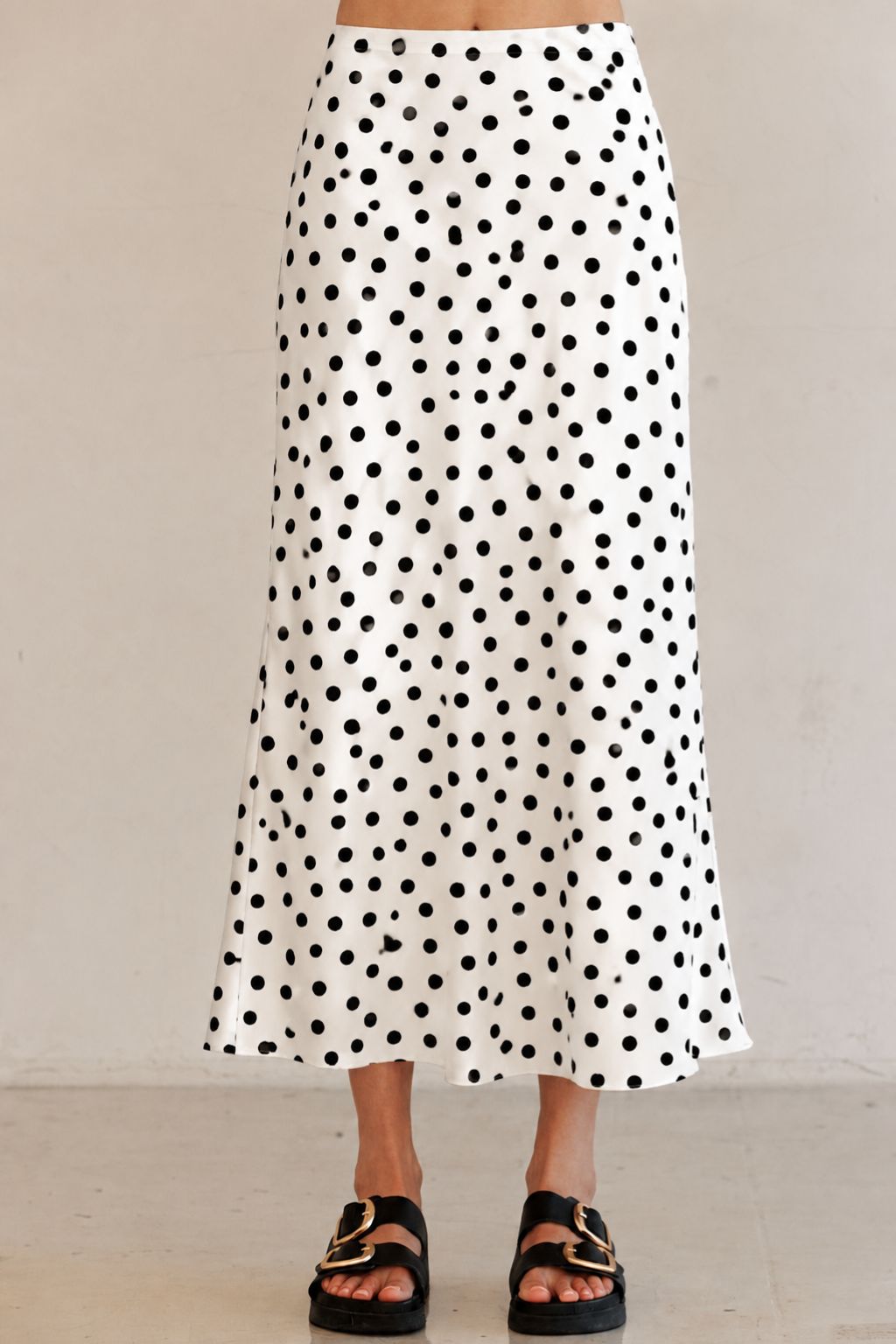 Olive and Bette's - Polka Dot Satin Midi Skirt - White/Black