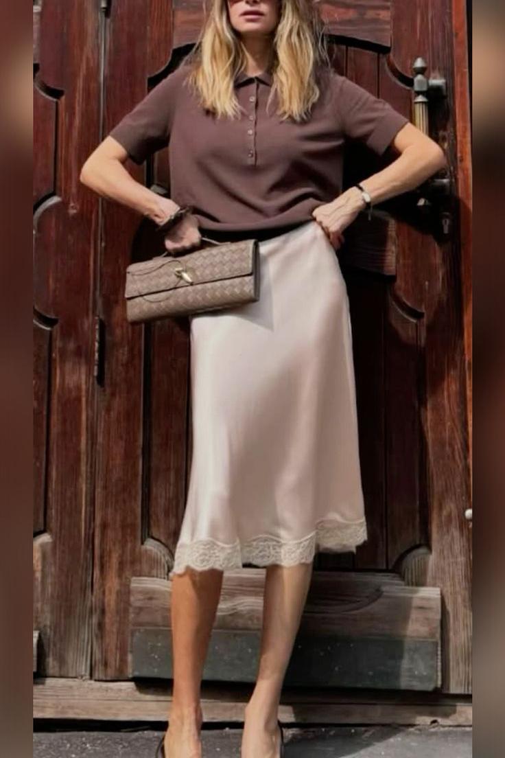 Road G - Satin Lace Trimmed Midi Skirt