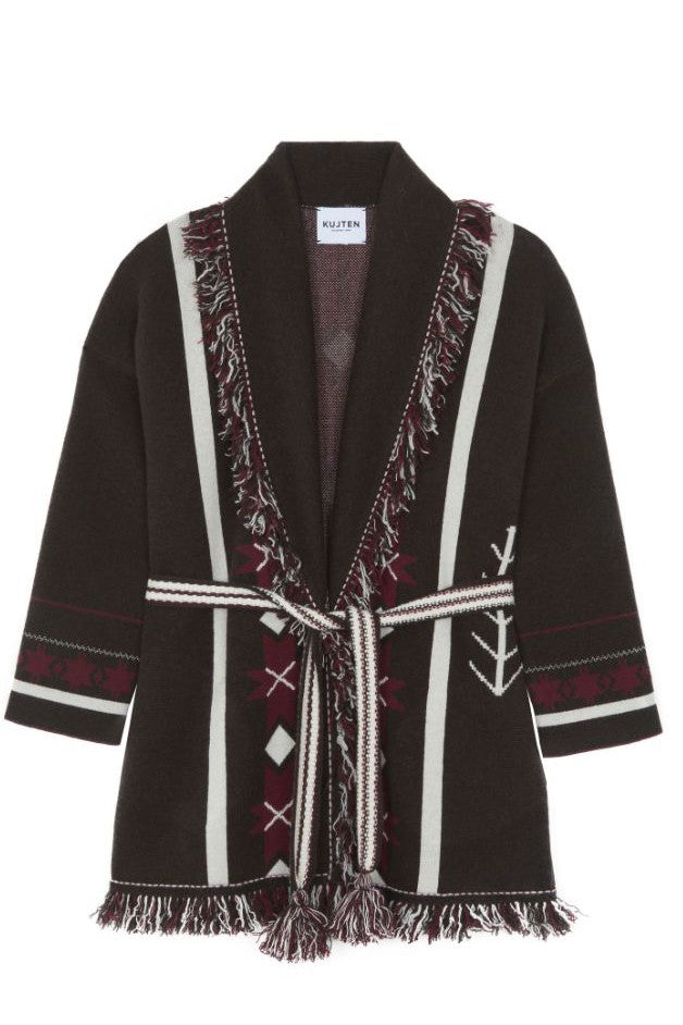 Kujten Cashmere - Western Fringe Wrap Cardigan - Marron