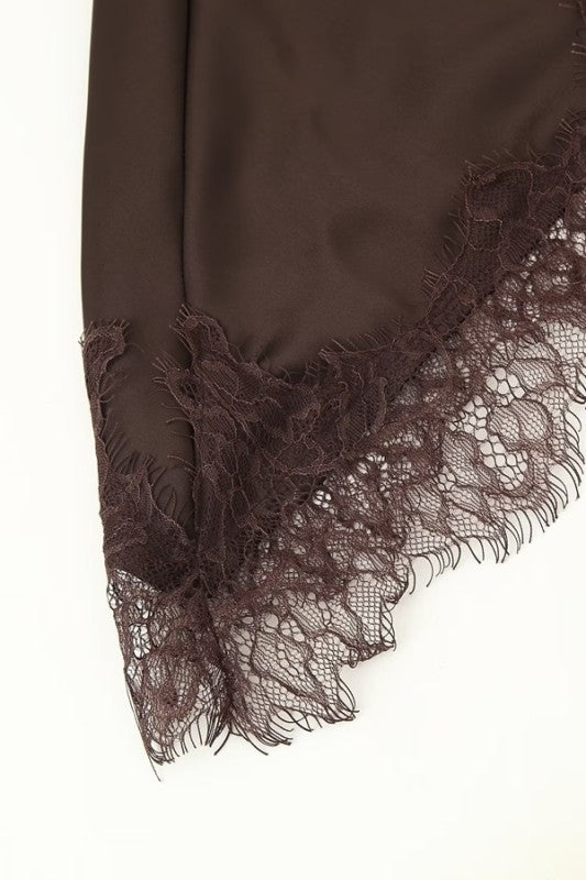 Olive and Bette's - Lace Trim Satin Slip Dress - Brown