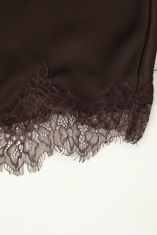 Olive and Bette's - Lace Trim Satin Slip Dress - Brown