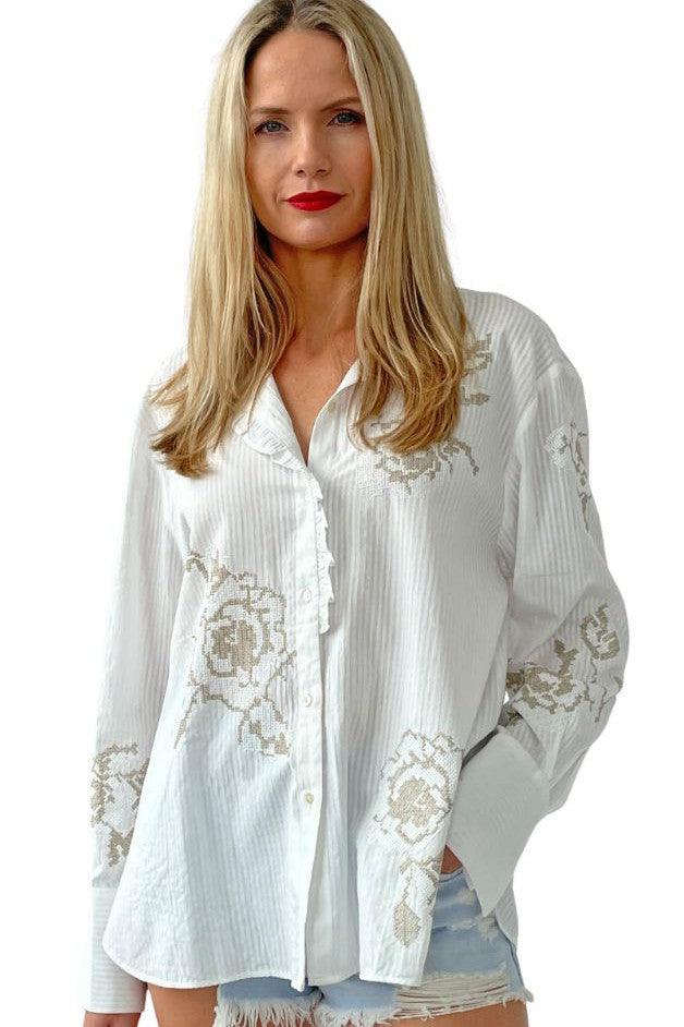 Rose and Rose - Milano Flower Embroidered Boyfriend Shirt - Olive & Bette's