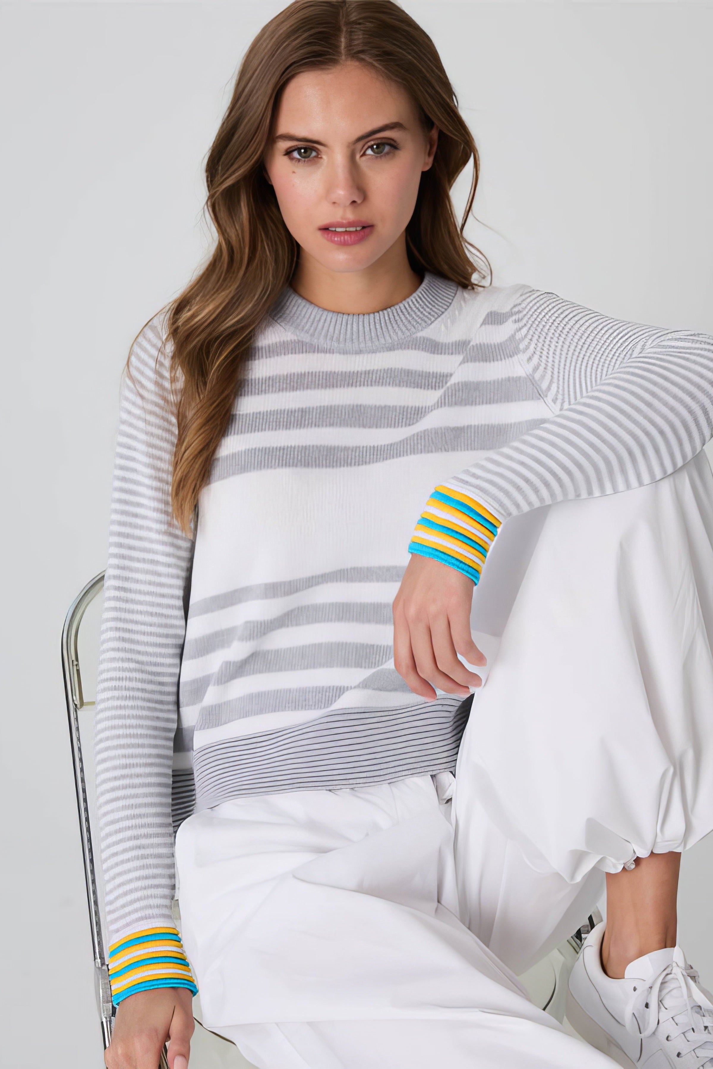 Autumn Cashmere - Boxy Stripe w/Tuck Stitch - Grey Combo