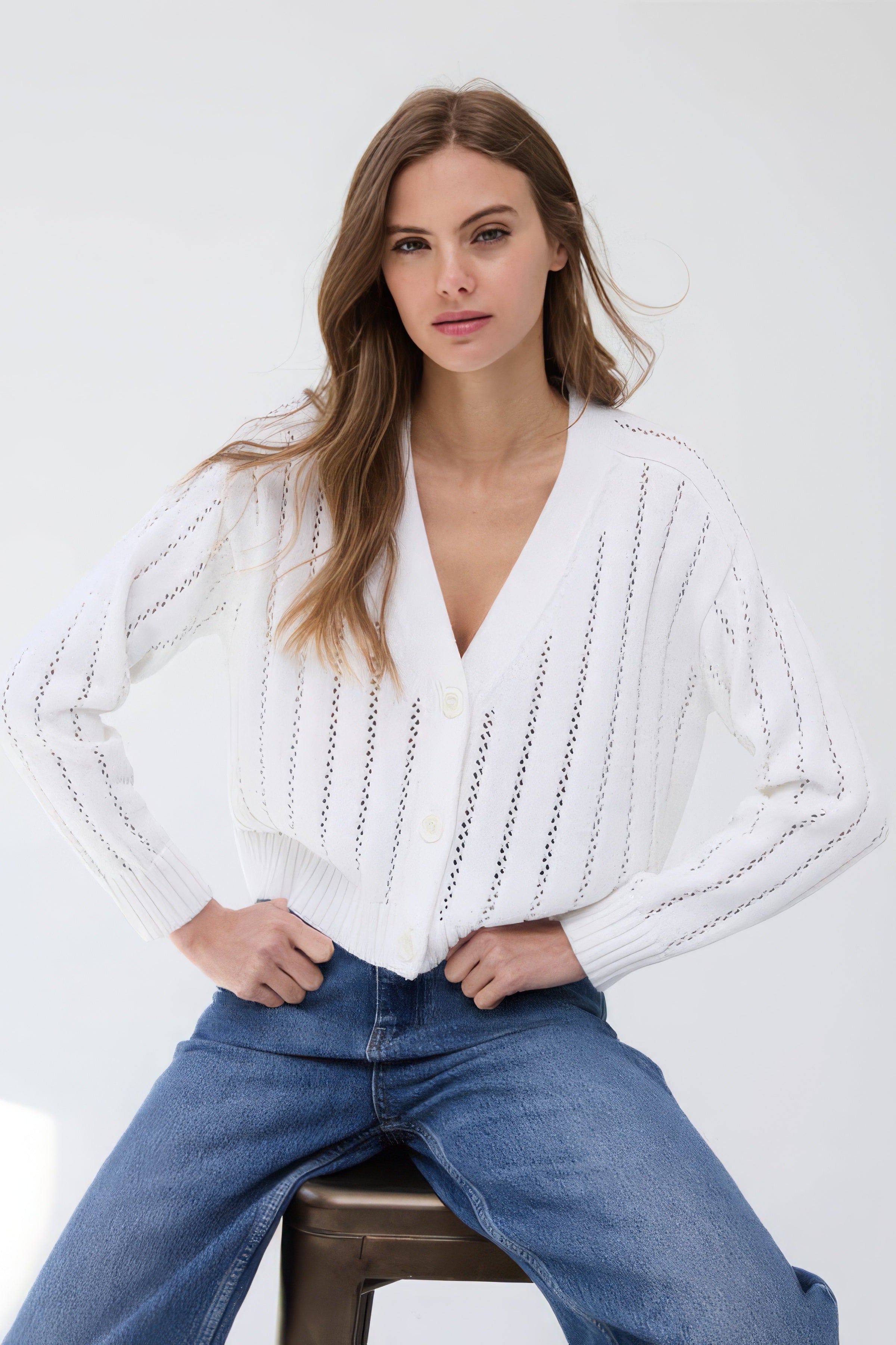 Autumn Cashmere - Cropped V Neck Cardi w/ Ladder Stitch