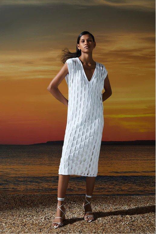 Viviane Furrier - Hole Knitted V-Neck Dress - Off White